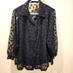 RAFAELLA Women's Elegant Black  Sheer Polka Dot Blouse Size L